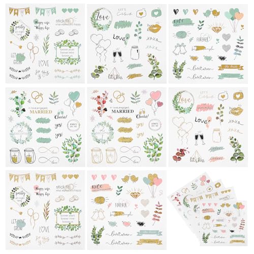 8 Blatt Hochzeits Stickers Scrapbooking Hochzeitsaufkleber für Scrapbooking Hochzeitsplaner Ballon Sticker Pflanzen Goldgrüne Romantische Hochzeits Aufkleber Einladung Dekoration von Telooco