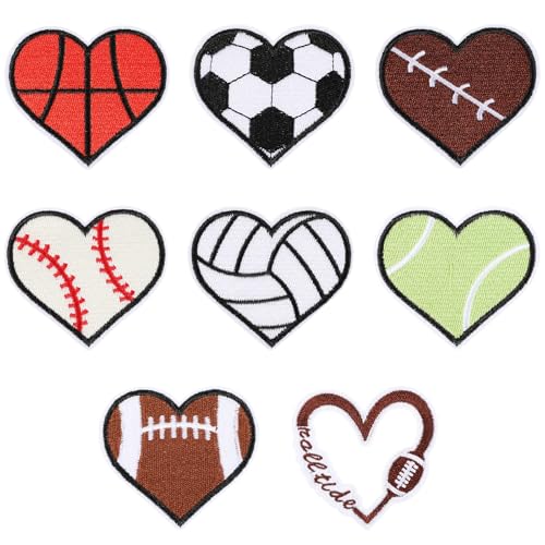 8 Stück Herzen zum Aufbügeln Gestickte Bügelbild Selbst Gestalten Sportball Aufnäher zum Aufbügeln Herz Bügelaufkleber Baseball Fußball Patches Bügelflicken für Kleidung DIY Reparatur Zubehör von Telooco