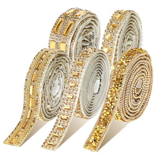 Strasssteine Selbstklebend Strassband 5 Rollen Kristall Diamant Glitzerband Selbstklebend 5 Stile Gold Glitzersteine Strassrollen für DIY Handywagen Strass Hutband Dekoration (5 Yards) von Telooco