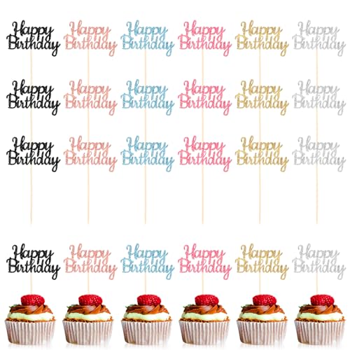 Telooco 24 Stück Happy Birthday Cupcake Topper Geburtstag Tortendeko 6 Farben Glitzernd Kuchen Topper Happy Birthday Tortendeko Kuchendekoration für Party Geburtstag Babyparty Deko von Telooco