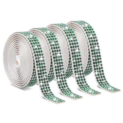 Telooco 4 Rollen Strassband Selbstklebend Strasssteine Glitzerband Selbstklebende Glitzer Kristall Diamantband Verpackungsrollen für DIY Handwerk Kleidung Spiegel (4 Reihen à 1 Yard, Dunkelgrün) von Telooco