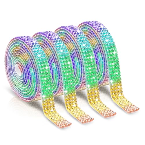 Telooco 4 Rollen Selbstklebendes Strassband Strasssteine Selbstklebend Glitzer Kristall Glitzerband Aufkleber Verpackungsrollen für DIY Handwerk Kleidung Spiegel (4 Reihen à 1 Yard, Mehrfarbig) von Telooco