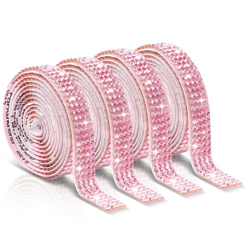 Telooco 4 Rollen Selbstklebendes Strassband Strasssteine Selbstklebend Glitzer Kristall Glitzerband Aufkleber Verpackungsrollen für DIY Handwerk Kleidung Spiegel (4 Reihen à 1 Yard, Rosa) von Telooco