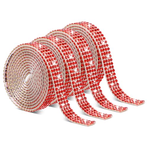 Telooco 4 Rollen Selbstklebendes Strassband Strasssteine Selbstklebend Glitzer Kristall Glitzerband Aufkleber Verpackungsrollen für DIY Handwerk Kleidung Spiegel (4 Reihen à 1 Yard, Rot) von Telooco