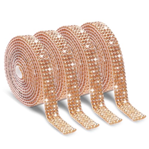 Telooco 4 Rollen Selbstklebendes Strassband Strasssteine Selbstklebend Glitzer Kristall Glitzerband Aufkleber Verpackungsrollen für DIY Handwerk Kleidung Spiegel (4 Reihen à 1 Yard, Sekt) von Telooco