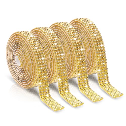 Telooco 4 Rollen Strassband Selbstklebend Glitzer Strasssteine Selbstklebend Kristall Glitzerband Aufkleber Verpackungsrollen für DIY Handwerk Kleidung Spiegel (4 Reihen à 1 Yard, Gold) von Telooco