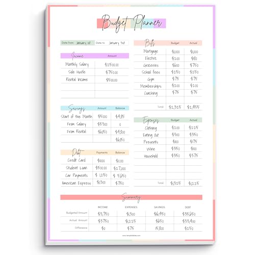 Budgetplaner und monatlicher Rechnungs-Notizblock, Finanzplaner, Schreibtischunterlage, finanzielle Ersparnisse, Schulden, Einnahmen, Ausgaben, Ausgaben und Rechnungs-Tracker, A4, Pastell-Regenbogen von Templatables