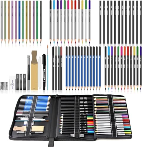 Art Supplies Zeichenset, 74-teiliges Zeichenstifte zum Skizzieren – inklusive farbigem, graphitfarbenem, metallischem, metallischem Kohlestift, ideales Geschenk für Anfänger und professionelle von TenSine