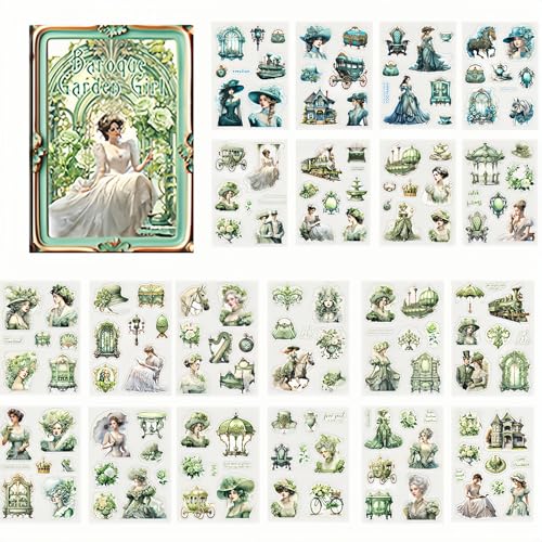 TenaLucy 20 Stücke Scrapbook Stickers,Mädchen Scrapbook Stickers Scrapbook Zubehör Journaling Zubehör Scrapbooking Sticker Self-Adhesive,für Bullet Journal Zubehör(Baroque Garden Girl) (Grün) von TenaLucy