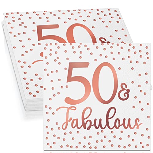 Tenare 40 Servietten zum 50. 60. 70. 80. 90. Geburtstag Glitzer Cocktailservietten Fabulous Papierservietten Einweg Party Servietten Set für Geburtstagsdeko Tischdeko, 3 Lagig (Weiß und Rosegold, 50) von Tenare