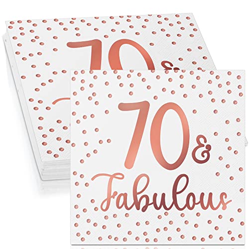 Tenare 40 Servietten zum 50. 60. 70. 80. 90. Geburtstag Glitzer Cocktailservietten Fabulous Papierservietten Einweg Party Servietten Set für Geburtstagsdeko Tischdeko, 3 Lagig (Weiß und Rosegold, 70) von Tenare