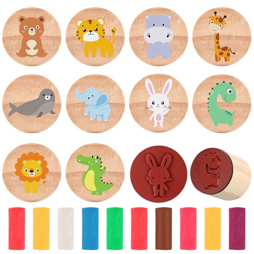 Tenare 10 Set Holzstempel Knetmassen Set Enthalten 10 Holz Tierstempel für Kinder und 10 Mehrfarbige Plastilin Spielzeug Stempel für Junge Mädchen Party Mitgebsel Geburtstags Geschenk zur Babyparty von Tenare