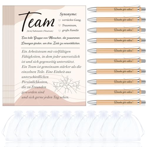 Tenare 10 Sets Danke Geschenke für Kollegen Team Karten Holz Kugelschreiber mit Gravur Druckkugelschreiber Danke für Alles Organza Beutel Dankeschön Geschenke für Abschied Lehrer Kollegen Mitarbeiter von Tenare