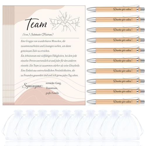 Tenare 10 Sets Danke Geschenke für Kollegen Team Karten Holz Kugelschreiber mit Gravur Druckkugelschreiber Danke für Alles Organza Beutel Dankeschön Geschenke für Abschied Lehrer Kollegen Mitarbeiter von Tenare