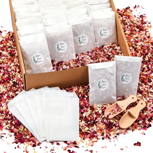 Tenare 100 Set Blumen Hochzeitskonfetti für 95-100 Gäste, Konfetti Pergamin Papiertüten Natürlich Getrocknet Rosenblüten Aufkleber Holz Schaufel Schachtel für Hochzeit Verlobung Jahrestag (Stilvoll) von Tenare