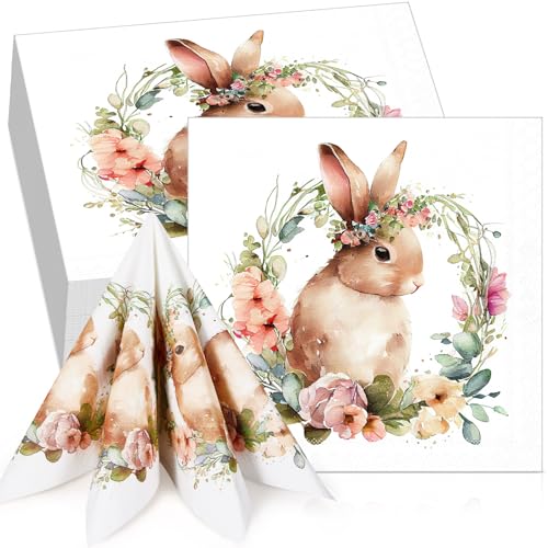 Tenare 100 Stück Ostern Hase Servietten 33 x 33 cm Einwegservietten Dekorative Frühling Party Papierservietten Hasen Servietten Gäste Servietten für Frühling Ostern Geburtstag Tischdeko Partyzubehör von Tenare