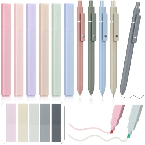 Tenare Pastell Textmarker Set 6 Stück Ästhetische Schnelltrocknende Textmarker 5 Stück 0,5 mm Gelstifte mit Schwarzer Mine 1 Stück Haftnotizen für Bibel Schule Büro Zubehör von Tenare