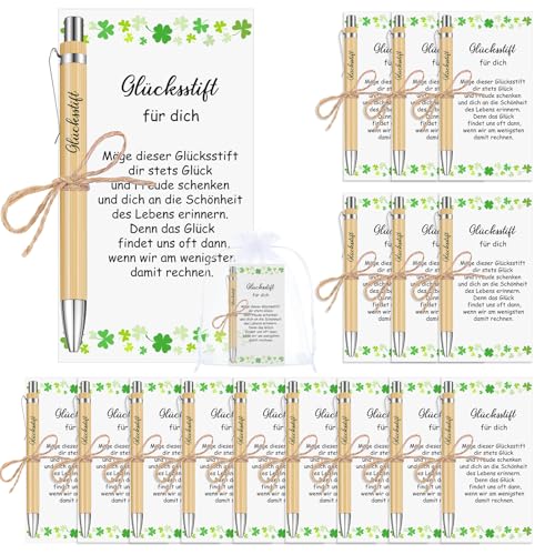 Tenare 15 Sets Glücksstift Geschenke Inspirierende Kugelschreiber mit Karte Organzabeutel Holz Stift mit Spruch Glücksstift Kuli mit Gravur Bedruckte Kugelschreiber für Prüfung Aufmunterung Kollegen von Tenare