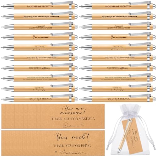 Tenare 20 Set Dankeschön Geschenke für Mitarbeiter Inspirierende Bambus Kugelschreiber Mini Thank You Karten mit Organzasäckchen Motivation Stifte mit Spruch Holz Bambus Stifte mit Schwarzer Tinte von Tenare