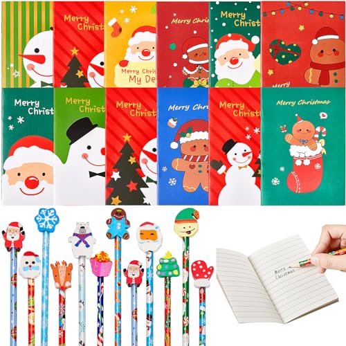 Tenare 24 Stück Weihnachten Bleistifte mit Radiergummi Toppers 24 Stück Mini Schneemann Weihnachtsmann Weihnachten Notizblöcke für Weihnachten Winter Feiertage Schule Gastgeschenke Zubehör von Tenare