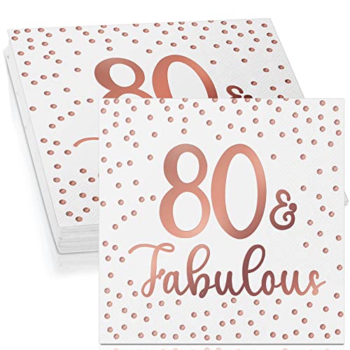 Tenare 40 Servietten zum 50. 60. 70. 80. 90. Geburtstag Glitzer Cocktailservietten Fabulous Papierservietten Einweg Party Servietten Set für Geburtstagsdeko Tischdeko, 3 Lagig (Weiß und Rosegold, 80) von Tenare