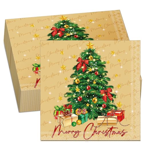 Tenare 50 Servietten Weihnachten 33 x 33 cm Merry Christmas Servietten 2-Lagig Tischservietten mit Weihnachtsbaum Einweg-Papierservietten für Weihnachtsfeiern Zuhause, Restaurant Tischdekoration von Tenare