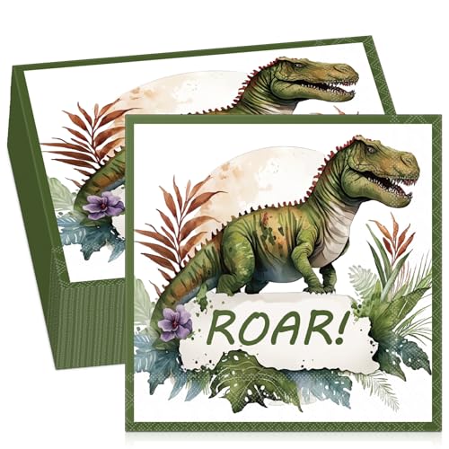 Tenare 50 Stück 33 x 33 cm Dino Servietten Einwegservietten Dinosaurier Party Servietten Dino Papierservietten für Jungen Mädchen Tischdekoration für Kindergeburtstag von Tenare