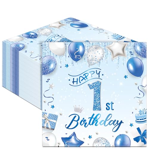 Tenare 50 Stück Blaue Servietten zum 1. Geburtstag 13 x 13 Zoll Geburtstagsservietten Happy 1St Birthday Papierservietten Einwegservietten Party Servietten für Kinder Baby Geburtstagsdeko Tischdeko von Tenare