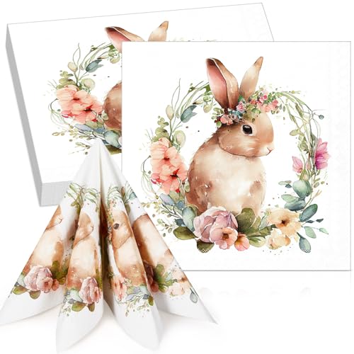 Tenare 50 Stück Ostern Hase Servietten 33 x 33 cm Einwegservietten Dekorative Frühling Party Papierservietten Hasen Servietten Gäste Servietten für Frühling Ostern Geburtstag Tischdeko Partyzubehör von Tenare