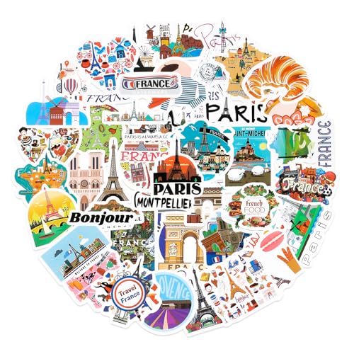 Tenare 50 Stück Aufkleber Frankreich Sticker Paris Aufkleber Paris Wasserfeste Urlaubsaufkleber Paris Reiseaufkleber für Wasserflasche Laptop Gepäck Scrapbooking Zeitschriftenkoffer Gitarre (France) von Tenare