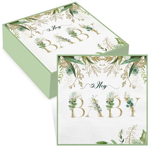 Tenare 60 Stück Babyparty Servietten Babyparty Dekorationen Eukalyptus Servietten Salbei Grüne Servietten mit Sprüchen Hey Baby Servietten für Jungen und Mädchen von Tenare