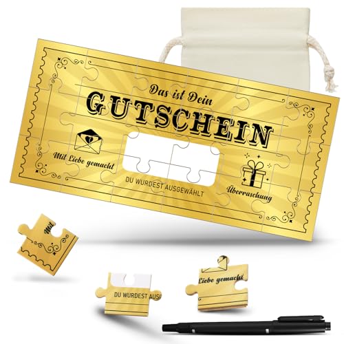 Tenare Gutschein Puzzle zum Selber Ausfüllen Goldene Gutschein Puzzle Geburtstagskarte Kinogutschein Reisegutschein mit Kordelzugbeutel und Marker Stifte Überraschung Geschenk für Frauen Freundin von Tenare