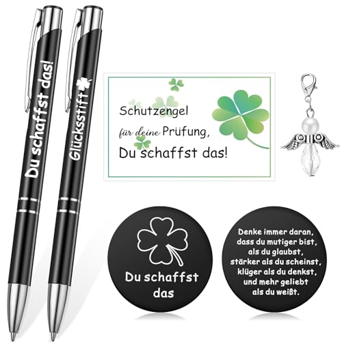 Tenare Mutmacher Geschenk Set Motivation Kugelschreiber Schutzengel Anhänger Kleeblatt Glücksbringer Du Schaffst Das Aufmunterung für Prüfung Freund Kollege Abschied (Schwarz, Glücksstift) von Tenare