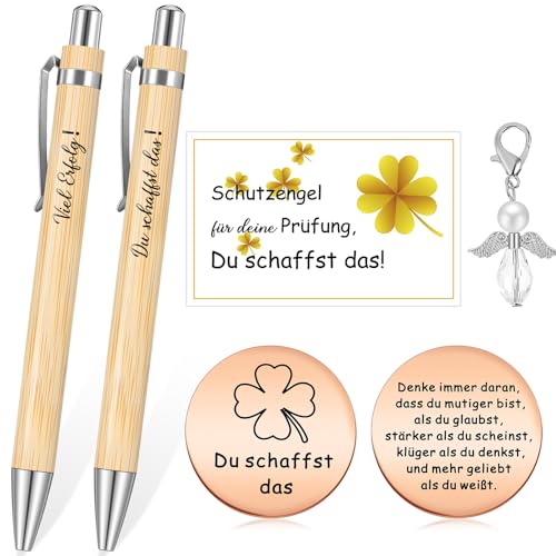 Tenare Mutmacher Geschenk Set Motivation Kugelschreiber Schutzengel Anhänger Kleeblatt Glücksbringer Du Schaffst Das Aufmunterung für Prüfung Freund Kollege Abschied (Holzfarbe, Viel Erfolg) von Tenare