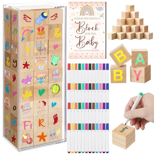 Tenceur 104 Stück Babyparty-Spiele, dekorieren Sie einen Block, Babyparty-Schilder, 54 Blanko-Holzblöcke, 48 Aquarell-Marker mit Acryl-Box für Gäste, Babyparty, Partyzubehör (Boho) von Tenceur