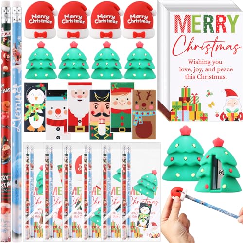 Tenceur 24 Sets Weihnachtsgeschenke für Studenten, Großpackung inklusive 48 Weihnachtsbleistiften, 24 Weihnachtsmannmützen-Spitzer, 24 Weihnachts-Cartoon-Radiergummis mit Kartenbeuteln für Studenten, von Tenceur