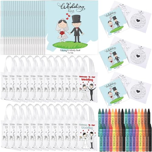 Tenceur 24-teiliges Set für Hochzeitsaktivitäten für Kinder, inklusive Hochzeitsmalbuch, Vlies-Hochzeitsgeschenk-Taschen und Aktivitätsmalstifte für Hochzeit, Schnitzeljagd, Spielempfang von Tenceur