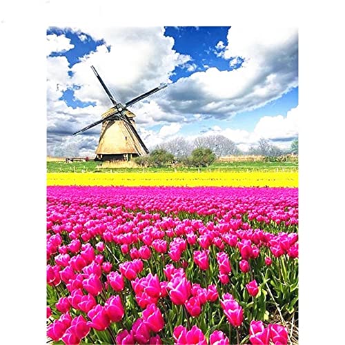 5D DIY Diamond Painting Bilder Full Drill,Windmühle Blume Diamant Malen nach Zahlen Set für Erwachsene Kinder Strasssteine Kristallartiges Kreuzstichset Full für Home Wall Décor Round Drill,40x50cm von TengYuer