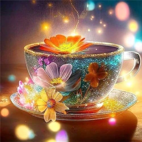 Diamond Painting Erwachsene 5D DIY Diamond Painting Kits Full Drill Diamond Painting 50x50cm Cross Embroidery Painting Kits for Home Wall Decorations (Teetasse Blumen) von TengYuer