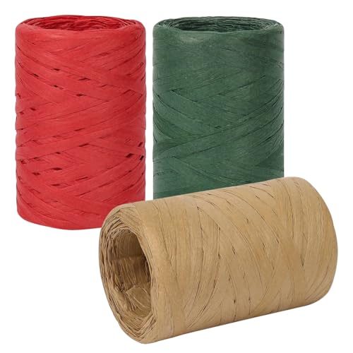 Bastband, 3 Rollen, 300 m, natürliches mattes Bastband, Papierschnur für Geschenkverpackungen, Basteln, Hochzeitsstrauß, Verpackung und Häkeln (Rot, Grün, Braun) von Tenn Well