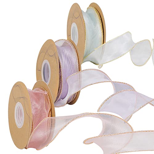 3 Rollen Geschenkband mit Goldrand, 10 Yards schieres Band Organza Chiffonband für Blumenstrauß Wickeln Dekoration Hochzeit Geschenkkörbe Satinband (Rosa+Grün+Lila) von Tenorbass