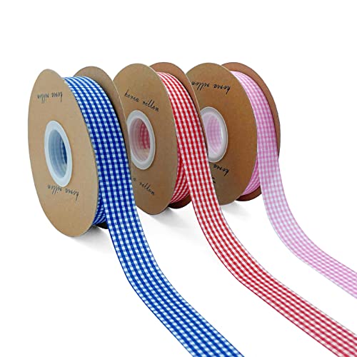 3 Rollen Gingham Band, kariertes Polyesterband Geschenkverpackung Kariertes Band für DIY Bastelkuchen Strauß Dekoration Weihnachtsfeier (Rosa+Rot+Blau) von Tenorbass