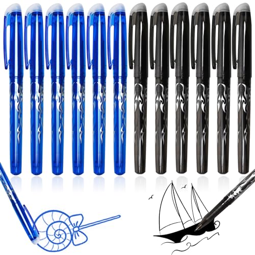 Teokantz 12 Stück Radierstifte, 0.5mm Radierbare Stifte, Tintenroller Radierbar, Kugelschreiber Radierbar, Erasable Pen für Schulen Büroräume Malerei - 6 Blau 6 Schwarz von Teokantz