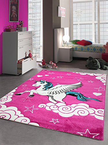 Kinderteppich Spielteppich Kinderzimmer Teppich Einhorn Design mit Konturenschnitt Pink Creme Türkis Größe 140x200 cm von Teppich-Traum