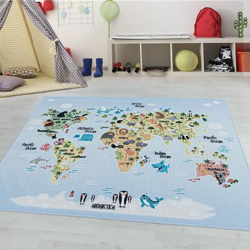 Teppium Kurzflor Kinderteppich Weich für Jungen & Mädchen Weltkarte mit Tier Muster 120x170 cm Blau - Waschbarer Teppich Pflegeleicht und Antiallergen - für Kinderzimmer, Spielzimmer und Babyzimmer von Teppium