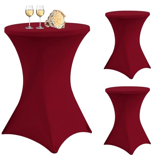 3 Stück Burgund Stehtisch Hussen Stehtische, Stehtischhusse für Ø 80-85 cm Stehtische und Bistrotische, Stretch-Tischdecke mit Fußtaschen für Hochzeit Geburtstagsfeier Bankett(80 cm, Burgund) von Teruntrue