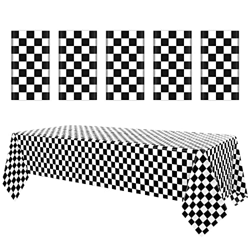 5 Packungen schwarz Karierte Kunststoff-Tischdecke 137 x 274 cm schwarz-weiß Karierte Tischdecke Einweg-Tischdecke mit Karierter Flagge für Retro-Diner-Race-Party-Dekoration von Teruntrue