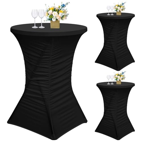 Stehtisch Hussen 3er Set, Stretch Plissee Design Stehtisch Hussen, Barhusse für Bar- und Bistrotische Ø 60-65 cm, Stretch-Tischdecke mit Fußtaschen (60 cm, Schwarz) von Teruntrue