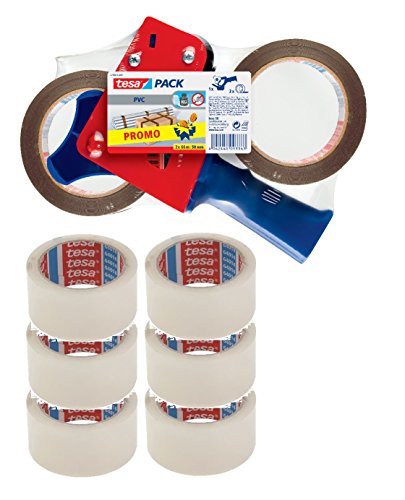 tesapack Packband-Abroller / Handabroller für Paketband / 2 x reißfestes Klebeband extra stark in Braun + 6x Klebeband in klar / 660 cm x 50 mm von tesa