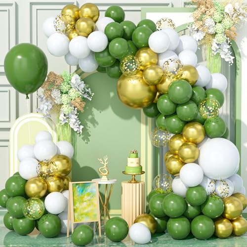 Teselife 136Pcs Grün Gold Luftballons Bogen Kit, Weiß Oliv Salbei Grün Metallic Gold Party Ballons Girlande Kit für Geburtstag Baby Shower Hochzeit Jahrestag Karneval Party Dekorationen Zubehör von Teselife